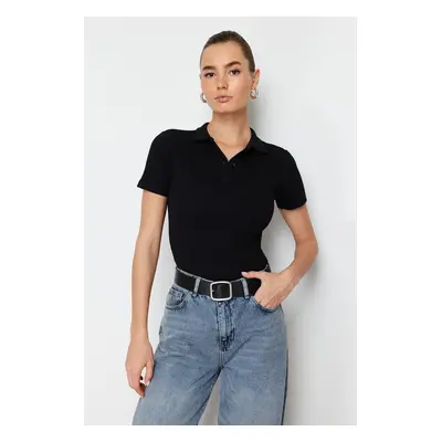 Trendyol Black Polo Neck Buttoned Short Sleeve Stretchy Ribbed Knitted Blouse