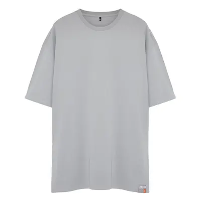 Trendyol Large Size Gray Oversize/Wide Cut 100% Cotton Labeled T-Shirt