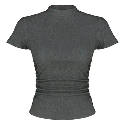 Trendyol Anthracite High Neck Short Sleeve Gathered Detail Elastic Knitted Blouse