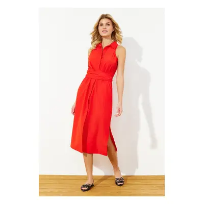 Trendyol Red Belted Midi Woven Shirt Dress