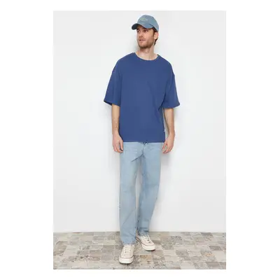 Trendyol Indigo Oversize Textured 100% Cotton T-Shirt