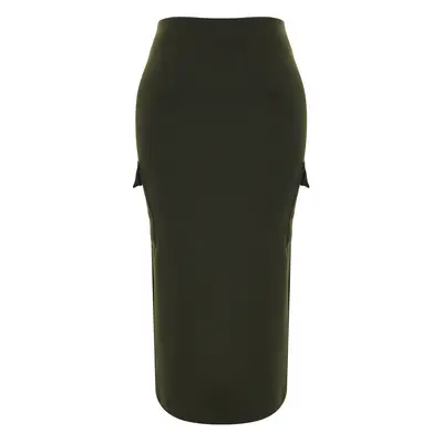 Trendyol Curve Khaki Pocket Detailed Midi 100% Cotton Knitted Skirt