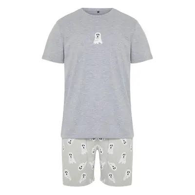 Trendyol Gray Printed Regular Fit Knitted Shorts Pajamas Set