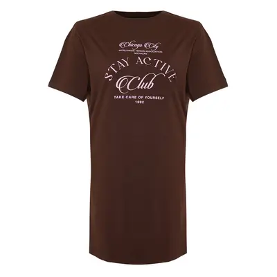 Trendyol Curve Brown Slogan Printed 100% Cotton Knit Plus Size T-shirt Dress