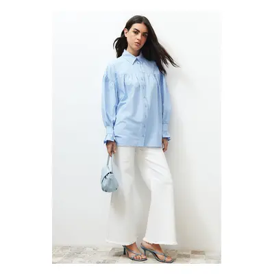 Trendyol Light Blue Shirred Cotton Woven Shirt