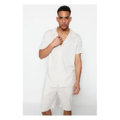 Trendyol Beige Regular Fit Shirt Collar Knitted Summer Pajama Set with Shorts