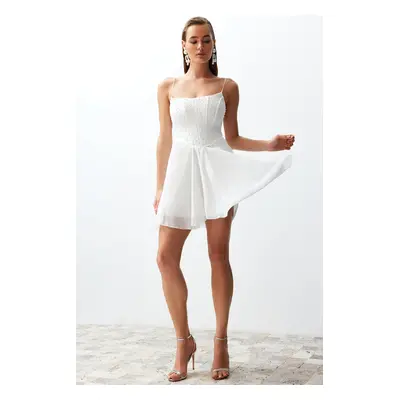 Trendyol Bridal White Body-Fitting Lined Pearled Woven Short Wedding/Wedding Elegant Evening Dre