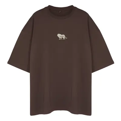 Trendyol Large Size Dark Brown Oversize Animal Print and Embroidered 100% T-Shirt