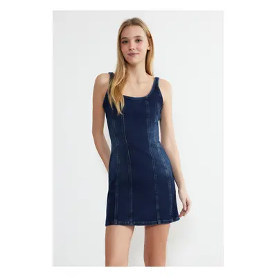 Trendyol Blue Stitching Detailed Fitted Mini Denim Dress