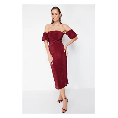 Trendyol Burgundy Sleeve Detailed Pleated Knitted Elegant Evening Dress