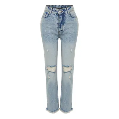 Trendyol Blue Ripped Detailed High Waist Straight Jeans