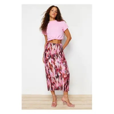 Trendyol Red Printed Regular Elastic Waist Pleated Maxi Knitted Skirt