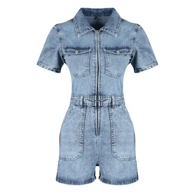 Trendyol Blue Belted Stitching Detailed Denim Jumpsuit