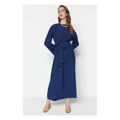 Trendyol Navy Blue Waist Belted Parachute Fabric Wide Pattern Woven Dress