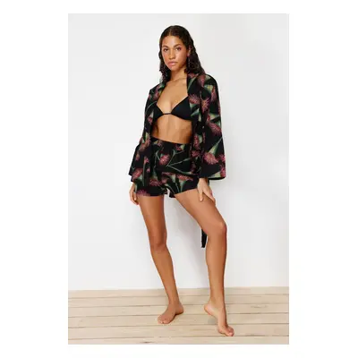 Trendyol Floral Patterned Belted Woven 100% Cotton Kimono Shorts Set