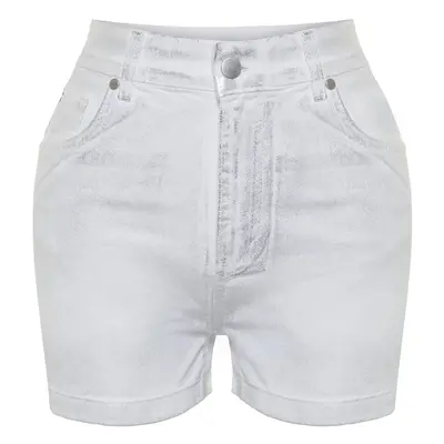 Trendyol White Shiny Metallic Printed Denim Shorts