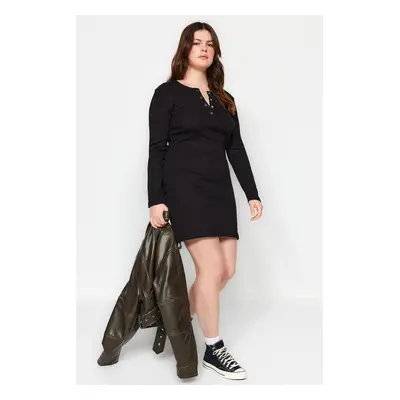 Trendyol Curve Black Snap Collar Bodycone Ribbed Knit Plus Size Dress