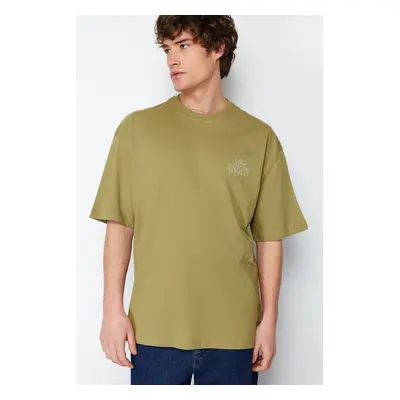 Trendyol Khaki Oversize/Wide Cut Raised Text Printed 100% Cotton T-Shirt