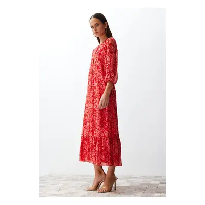 Trendyol Pink Paisley Patterned Straight Cut Maxi Lined Chiffon Woven Dress