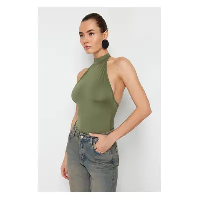 Trendyol Light Khaki High Neck Low-Cut Back Flexible Snaps Knitted Bodysuit