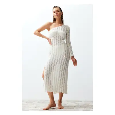 Trendyol Beige Belted Max Knitwear Appearance One-Shoulder Beach Dress