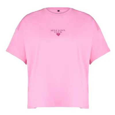 Trendyol Curve Pink Printed Oversize 100% Cotton Knitted T-shirt