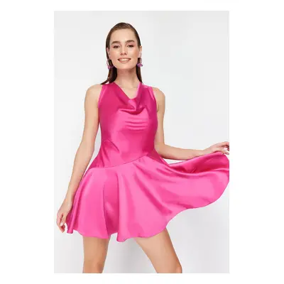 Trendyol Pink A-Line Plunging Neckline Woven Satin Short Elegant Evening Dress