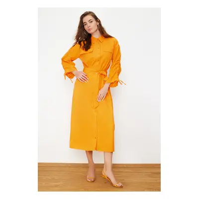 Trendyol Orange Belted Sleeves Adjustable Detailed Buttoned Cotton Woven Shirt Dress