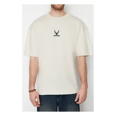 Trendyol Stone Oversize Deer Embroidered 100% Cotton T-Shirt