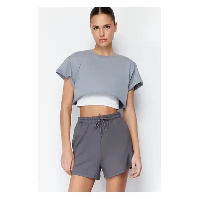 Trendyol Anthracite Elastic Waist Basic Soft Buttoned Knitted Shorts & Bermuda