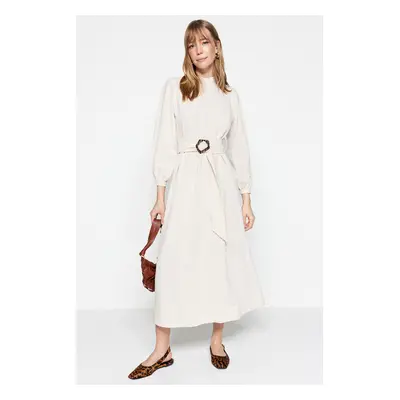 Trendyol Ecru Belted High Neck Linen Look Woven Dress