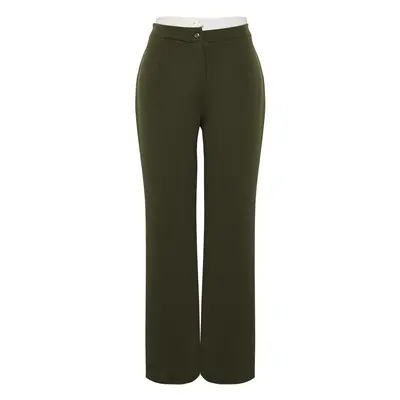 Trendyol Curve Khaki Waist Poplin Detail High Waist Wide Leg Knitted Plus Size Trousers