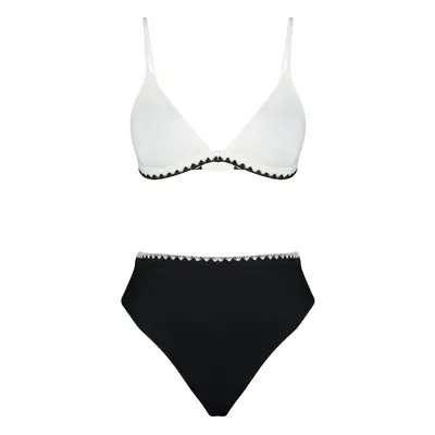 Trendyol Black and White Triangle Embroidered High Waist Regular Bikini Set