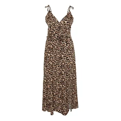 Trendyol Curve Camel Maxi/Long Slit Summer Leopard Patterned Woven Dress