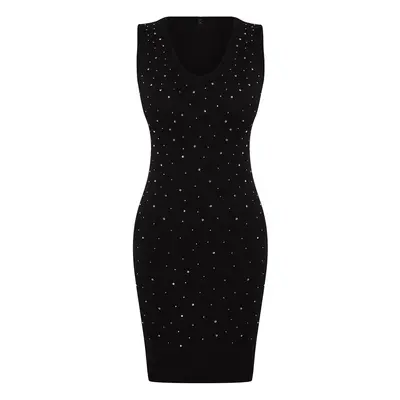 Trendyol Black Stone Detailed Bodycone/Fitting V-Neck Mini Flexible Knitted Pencil Dress