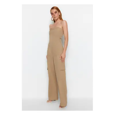 Trendyol Camel Cargo Pocket Strapless Collar Maxi Woven Jumpsuit