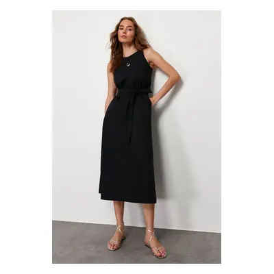 Trendyol Navy Belted 100% Cotton Poplin Pocket Midi Woven Dress