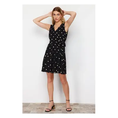 Trendyol Black Floral Patterned Skirt Flounce Double Breasted Chiffon Lined Mini Woven Dress