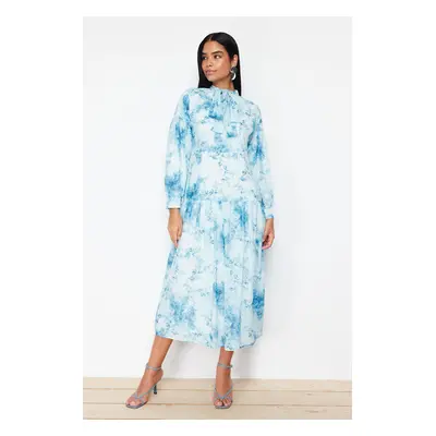 Trendyol Blue Lined Floral Pattern Belted Woven Dress