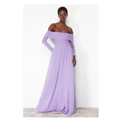 Trendyol Lilac A-Cut Carmen Neckline Knitted Tulle Long Evening Evening Dress