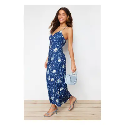 Trendyol Navy Blue Floral Adjustable Strap Polka Dot A Cut/Flare Knitted Maxi Dress