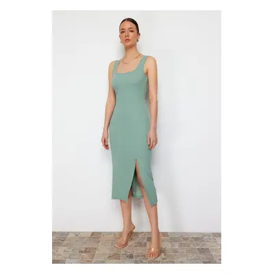 Trendyol Mint Fitted Slit Square Neck Stretchy Knitted Midi Pencil Dress