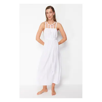 Trendyol White Belted Maxi Woven Tie-Up 100% Cotton Beach Dress