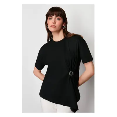 Trendyol Black 100% Cotton Accessory Detailed Asymmetrical Knitted T-Shirt