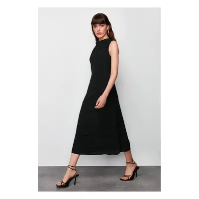 Trendyol Black Degaje Collar Skirt Cut Detail Midi Woven Dress