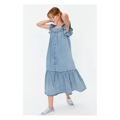 Trendyol Light Blue Ruffle Oversize Maxi Denim Dress