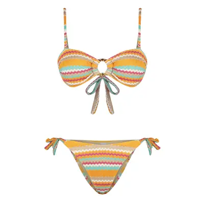 Trendyol Geometric Patterned Strapless Textured Regular Bikini Set with Accessories