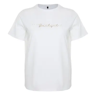 Trendyol Curve White Print and Embroidery Detailed Boyfriend Knitted T-shirt