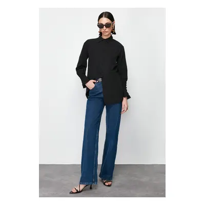 Trendyol Black Ruffle Detailed Cotton Woven Shirt