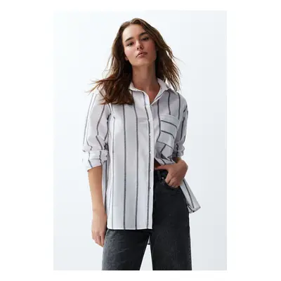 Trendyol Ecru Striped Oversize/Creature Woven Shirt